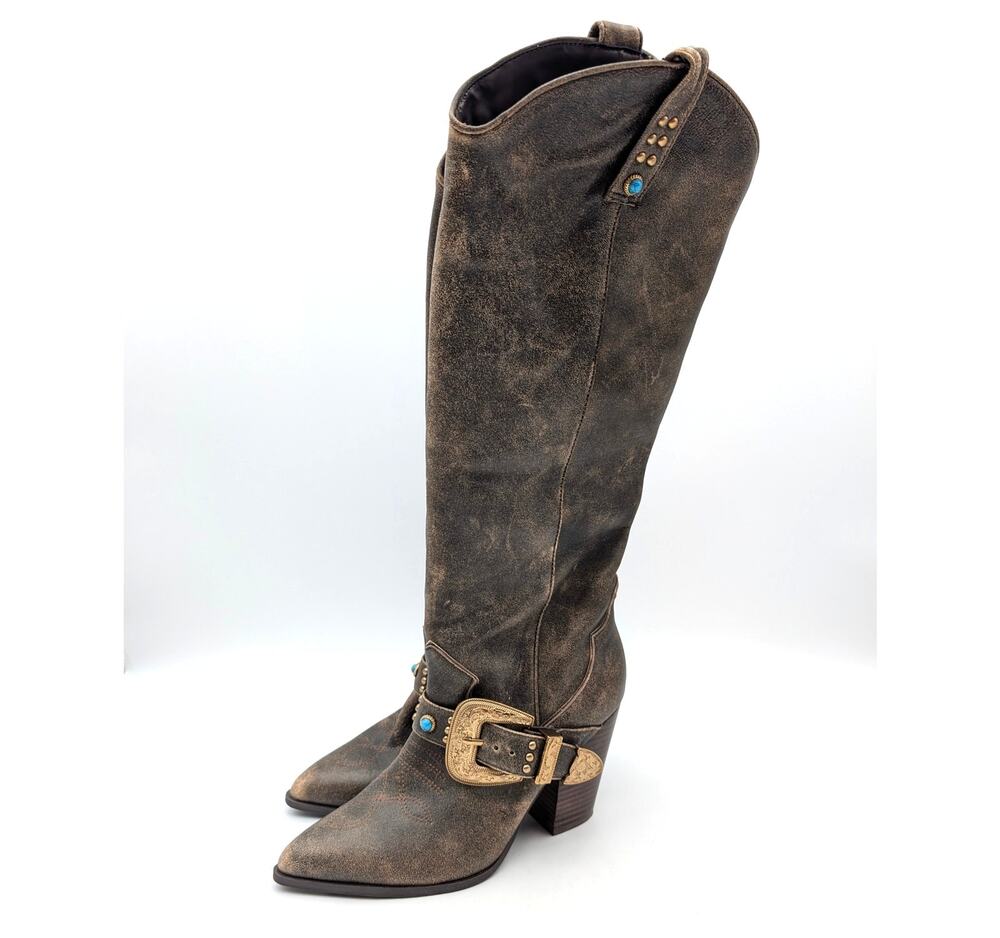 Steve Madden Lasso Knee High Buckle Boots Womens Brown Distressed Sz US9.5M EU40